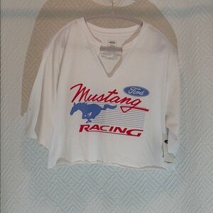 Ford White Mustang Racing Tee with Red and Blue Graphics